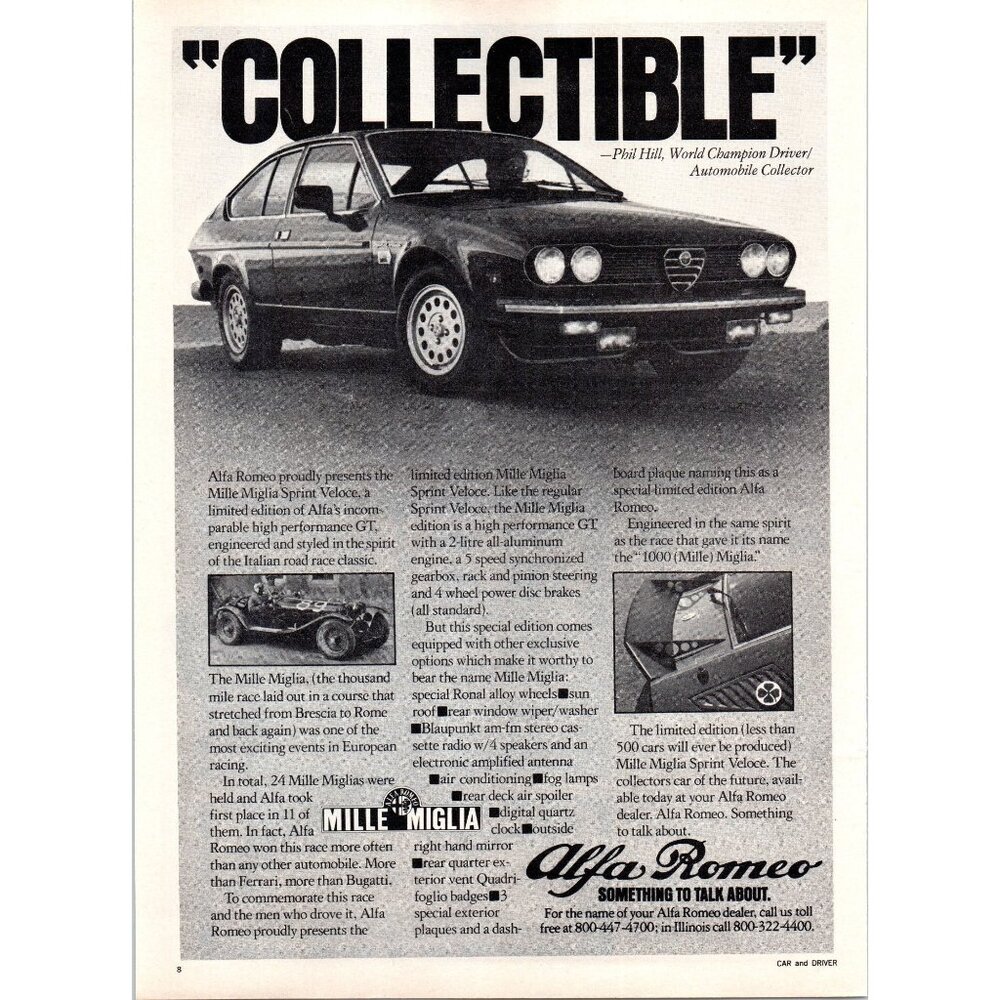 1979 Alfa Romeo Mille Miglia Sprint Veloce Vintage Print Ad Collectible Wall Art